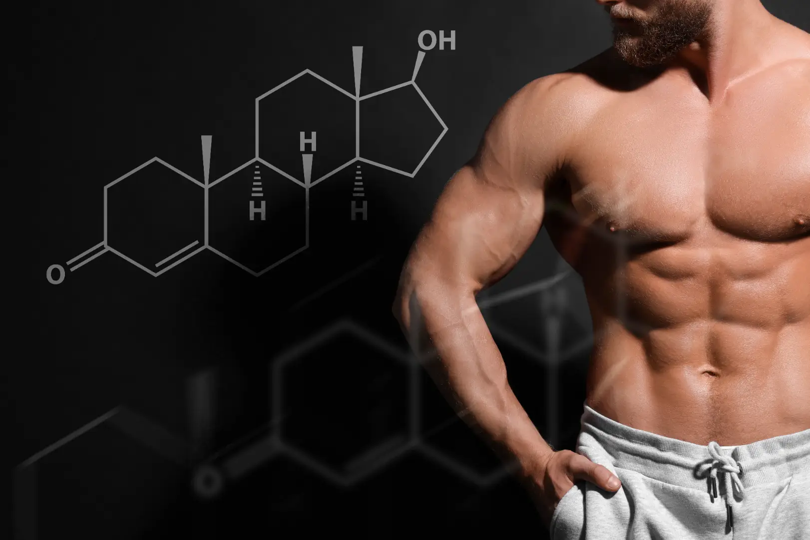 Muscular shirtless man stands beside a chemical structure graphic on a dark background.