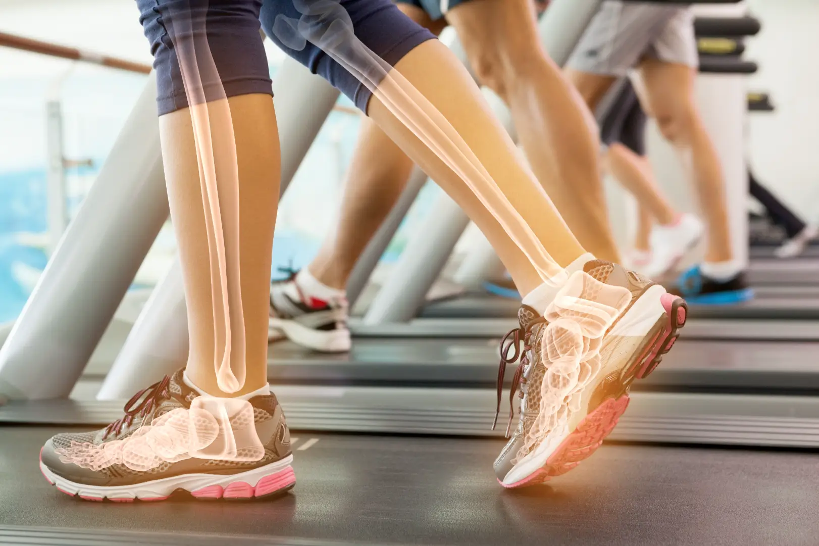 Close-up of legs walking on treadmills with a translucent illustration of leg and foot bones overlaid.
